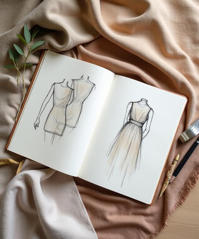A flat lay of fabric swatches, a design sketchbook, and a measuring tape.